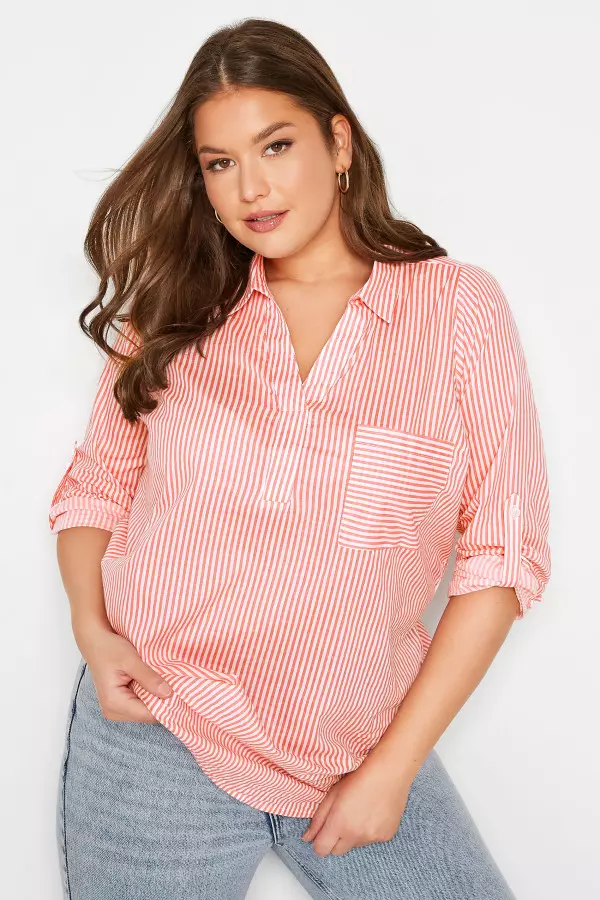 Yours Curve Pink Stripe Placket Shirt, Women's Curve & Plus Size, Yours
