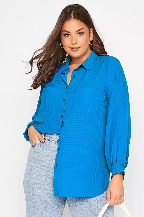 Yours Curve Blue Shirred Cuff Button Through Blouse, Women's Curve & Plus Size, Yours