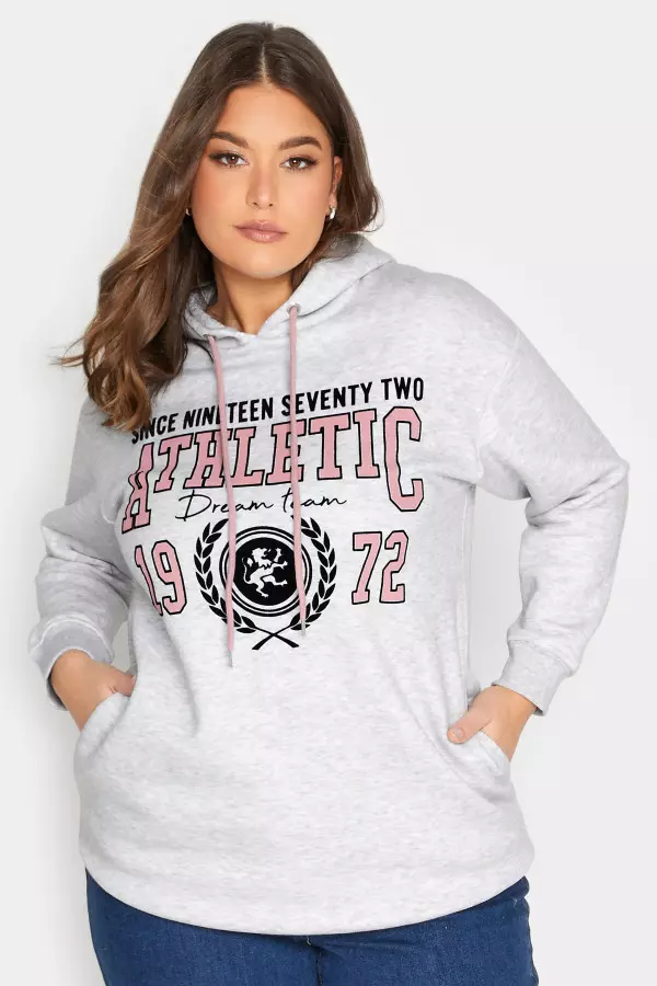 Yours Curve Grey Marl Varsity Slogan Soft Touch Hoodie, Women's Curve & Plus Size, Yours