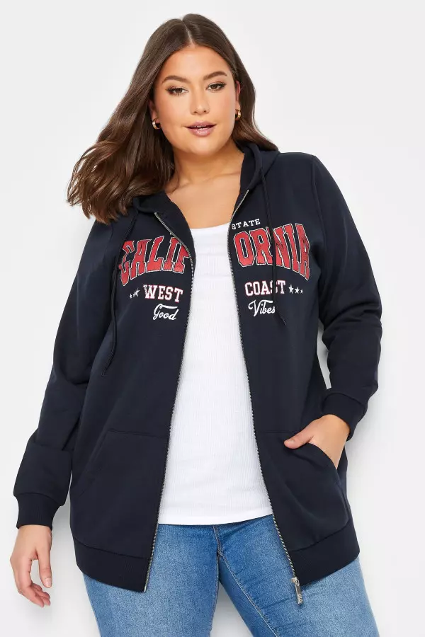 Yours Curve Navy Blue 'California' Slogan Zip Up Hoodie, Women's Curve & Plus Size, Yours