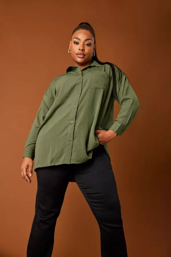 Yours Curve Khaki Green Textured Boyfriend Shirt, Women's Curve & Plus Size, Yours