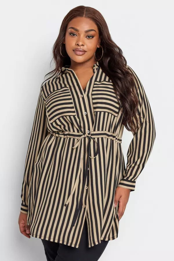 Yours Curve Beige Brown Stripe Print Utility Tunic Shirt, Women's Curve & Plus Size, Yours