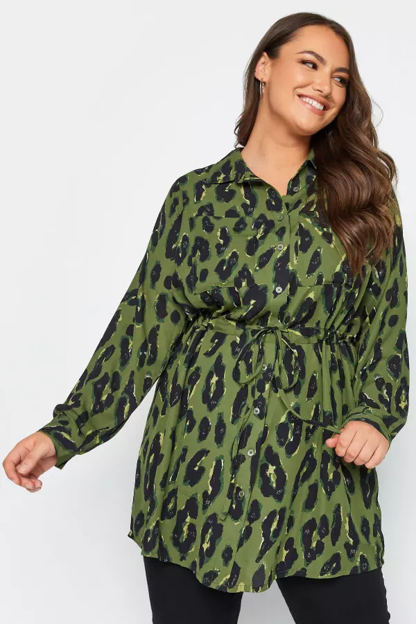 Yours Curve Khaki Green Leopard Print Utility Tunic Shirt, Women's Curve & Plus Size, Yours