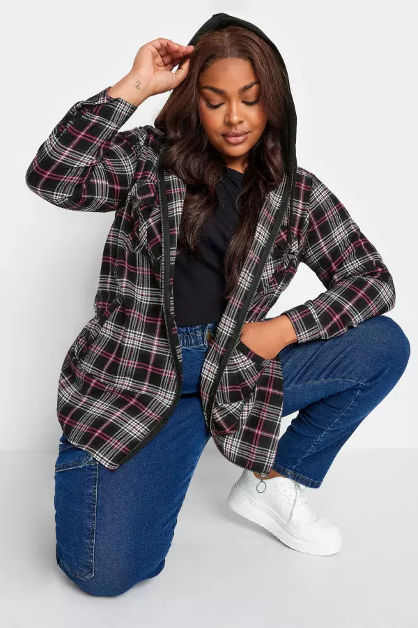 Yours Curve Pink Check Print Hooded Shirt, Women's Curve & Plus Size, Yours