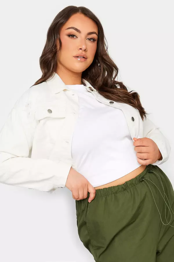 Yours Curve White Cropped Distressed Denim Jacket, Women's Curve & Plus Size, Yours