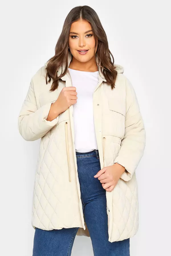 Yours Curve Cream Shirred Waist Padded Coat, Women's Curve & Plus Size, Yours