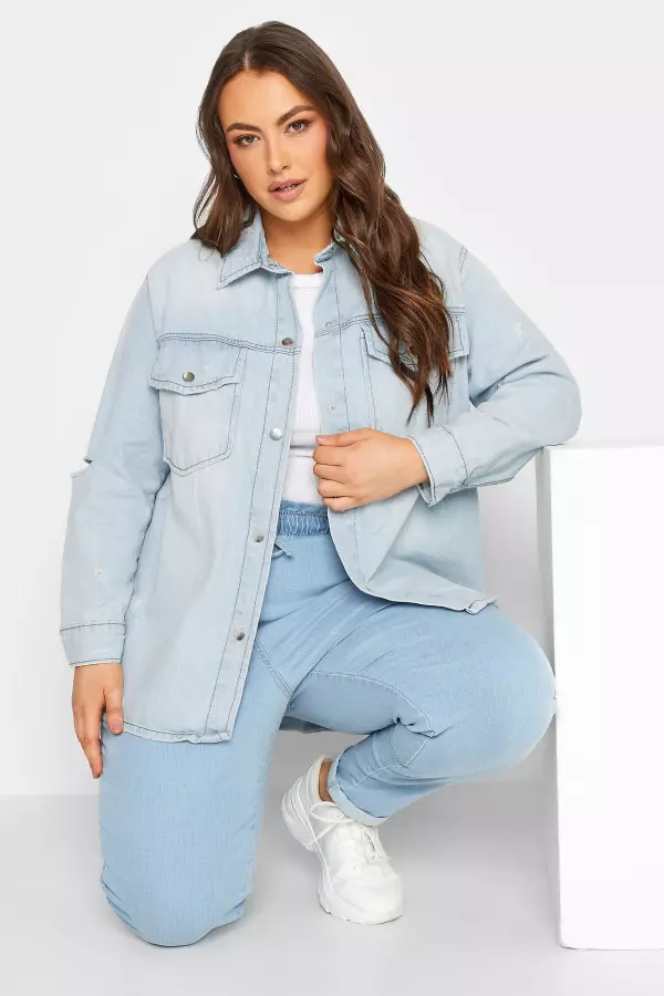 Yours Curve Light Blue Western Style Distressed Denim Jacket, Women's Curve & Plus Size, Yours