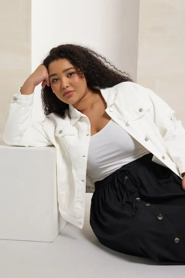 Yours Curve White Distressed Western Denim Jacket, Women's Curve & Plus Size, Yours