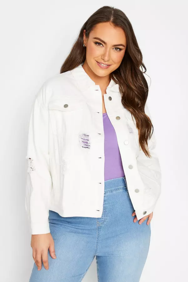 Yours Curve White Distressed Western Denim Jacket, Women's Curve & Plus Size, Yours