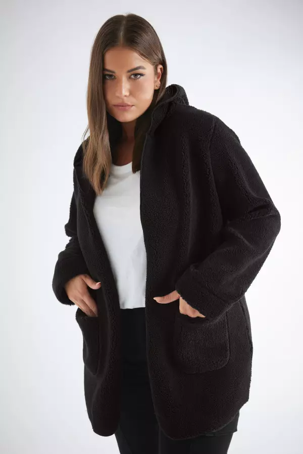 Yours Curve Black Teddy Hooded Jacket, Women's Curve & Plus Size, Yours