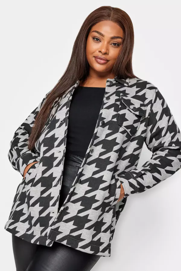 Yours Curve Grey Dogtooth Check Shacket, Women's Curve & Plus Size, Yours