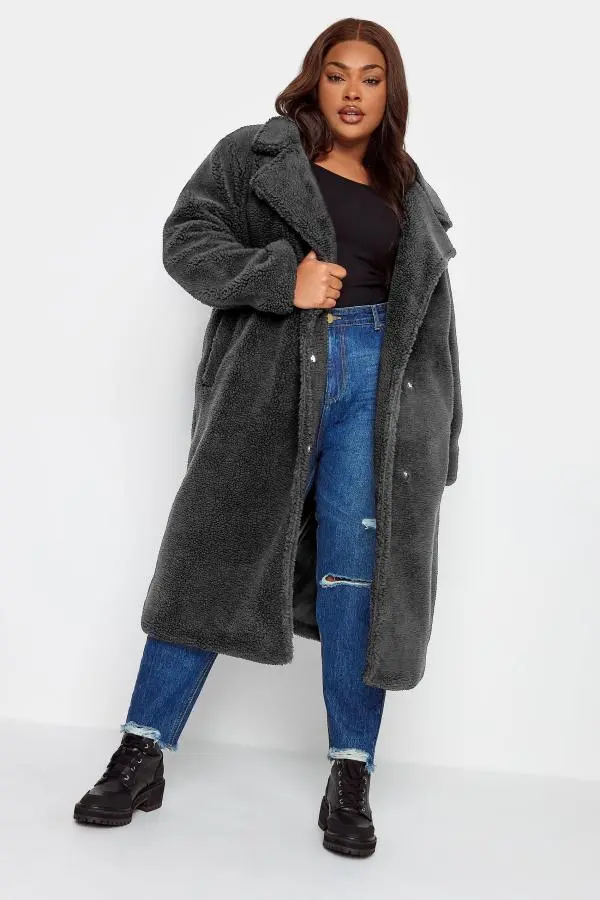 Yours Plus Size Black Teddy Maxi Coat Size 22-24