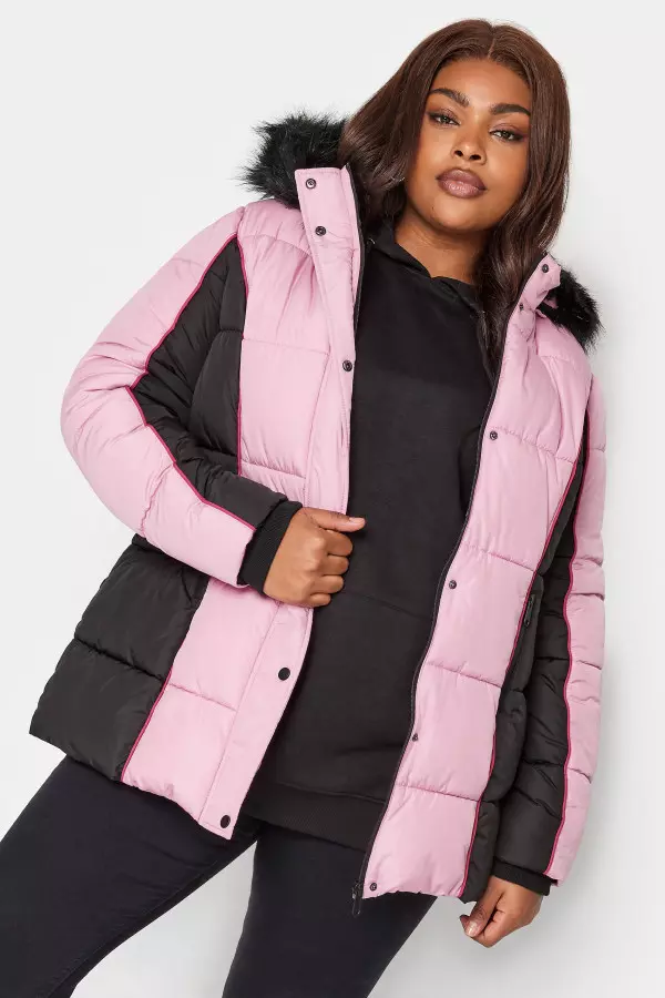 Yours Curve Pink & Black Colourblock Hooded Puffer Jacket, Women's Curve & Plus Size, Yours