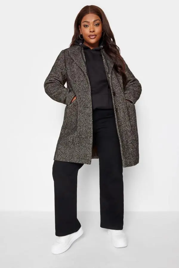 Yours Curve Black Herringbone Midi Formal Coat, Women's Curve & Plus Size, Yours