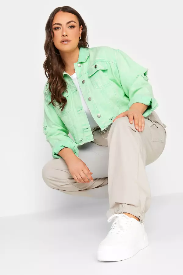 Yours Curve Mint Green Cropped Distressed Denim Jacket, Women's Curve & Plus Size, Yours