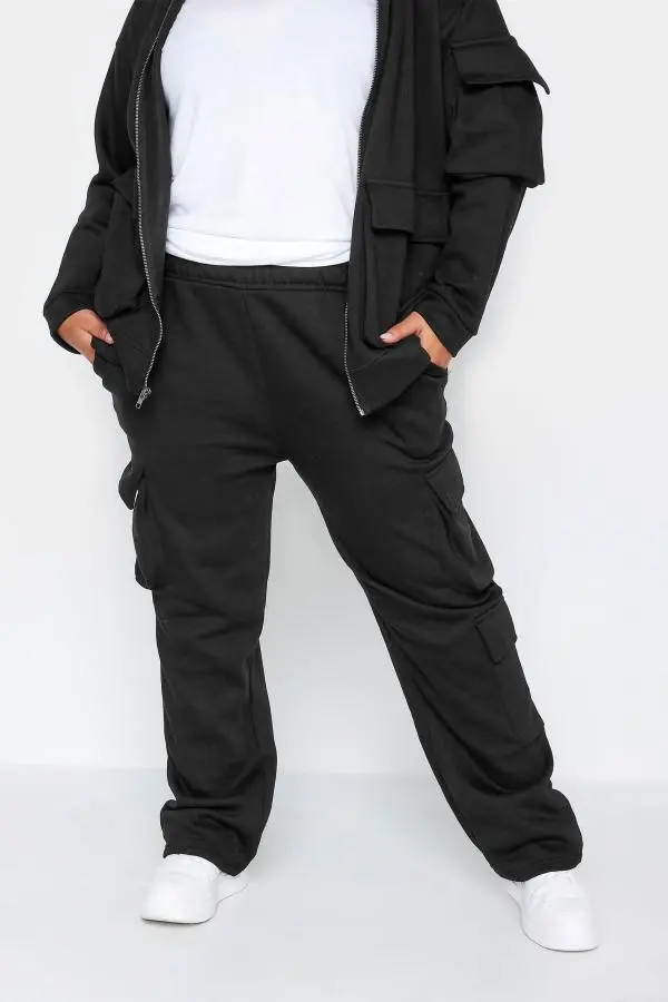 Yours Curve Black Straight Leg Cargo Joggers, Women's Curve & Plus Size, Yours