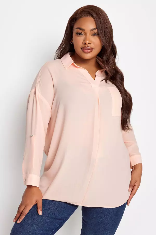 Yours Curve Light Pink Half Placket Collared Blouse, Women's Curve & Plus Size, Yours