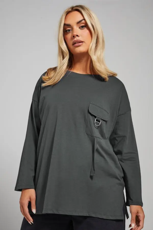 Limited Collection Plus Size Charcoal Grey Utility Pocket Long Sleeve Tshirt Size 30-32