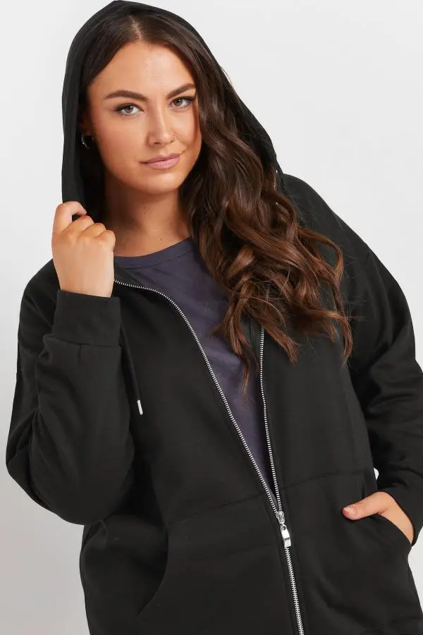 Yours Plus Size Black Longline Zip Hoodie Size 22-24