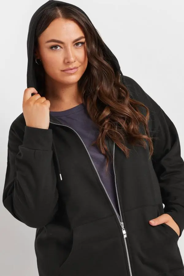 Yours Plus Size Black Longline Zip Hoodie Size 34-36