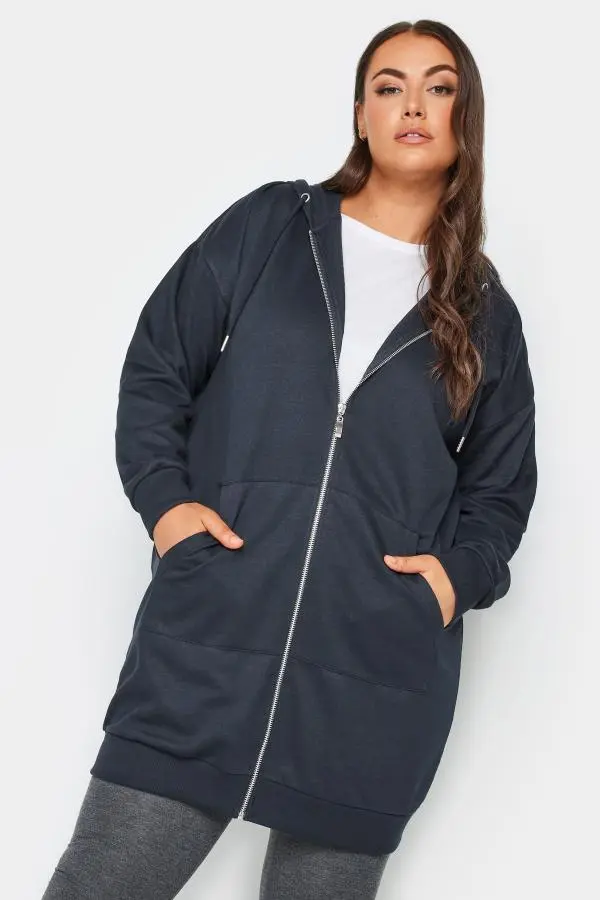 Yours Plus Size Navy Blue Longline Zip Hoodie Size 26-28