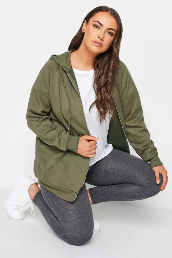 Yours Curve Khaki Green Essential Zip Through Hoodie, Women's Curve & Plus Size, Yours