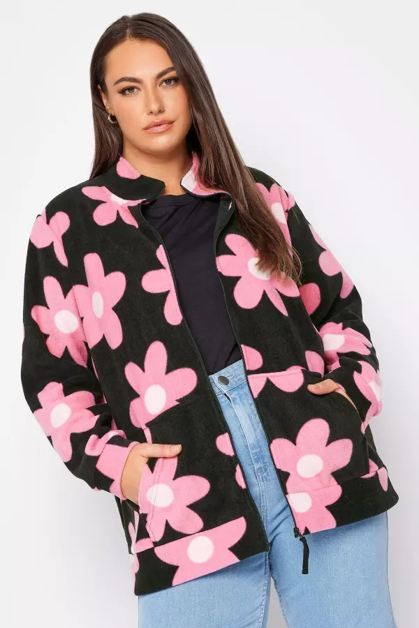 Yours Curve Black Floral Zip Fleece Jacket, Women's Curve & Plus Size, Yours