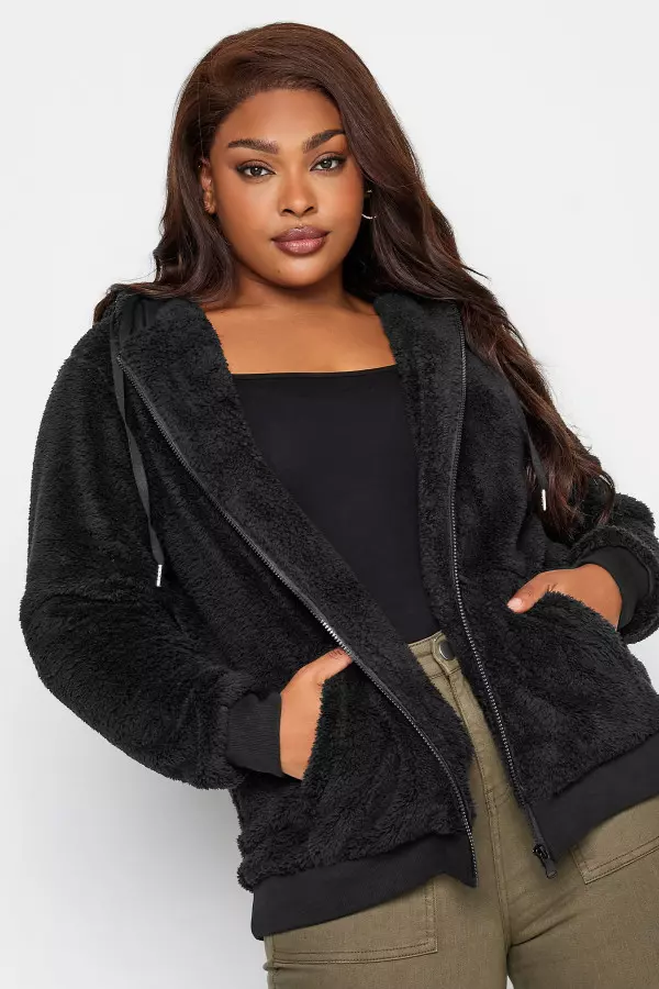 Yours Curve Black Zip Through Fleece Hoodie, Women's Curve & Plus Size, Yours