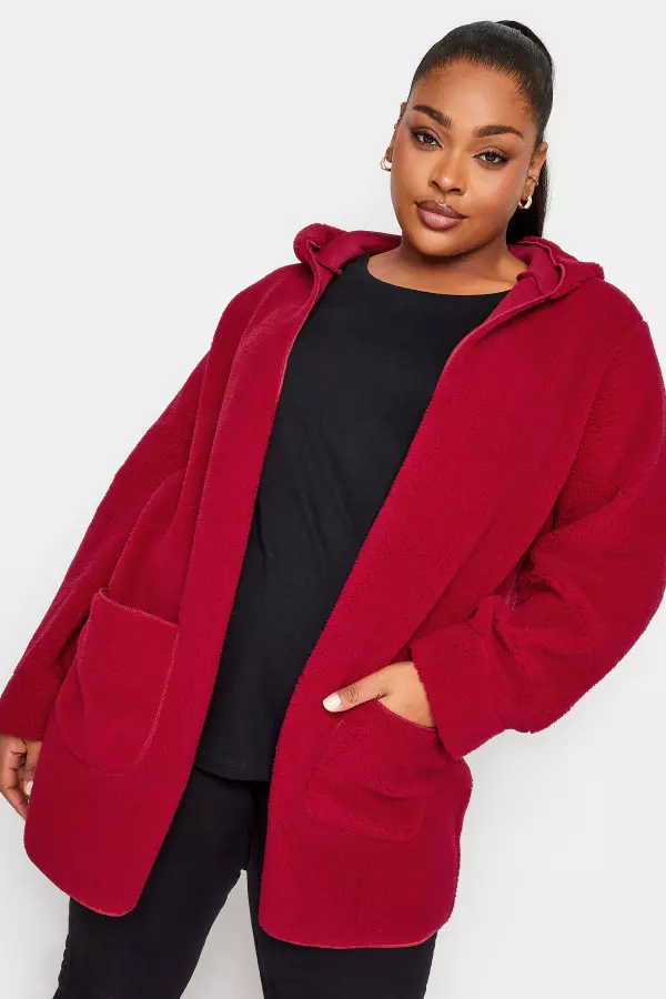 Yours Curve Red Teddy Hooded Jacket, Women's Curve & Plus Size, Yours