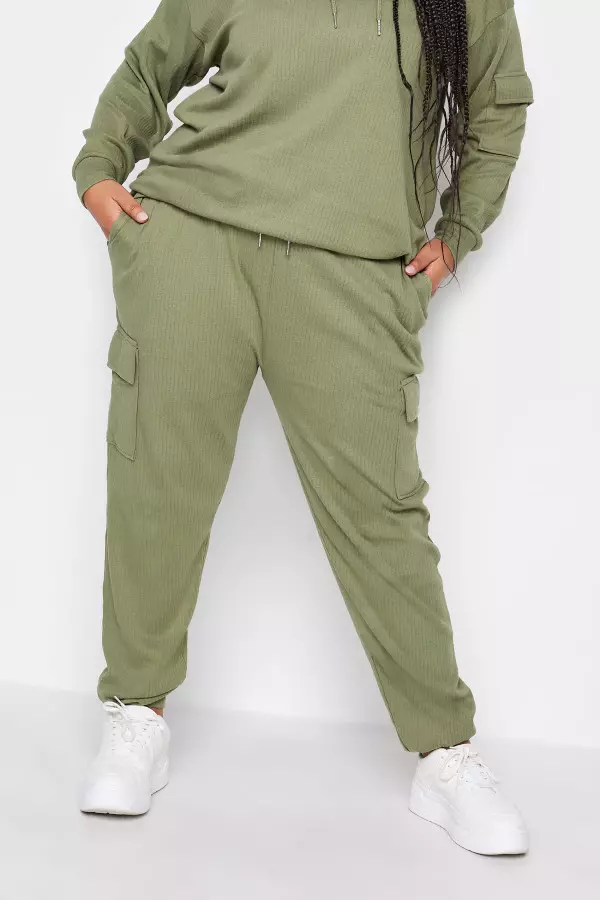 Yours Curve Khaki Green Ribbed Cargo Joggers, Women's Curve & Plus Size, Yours