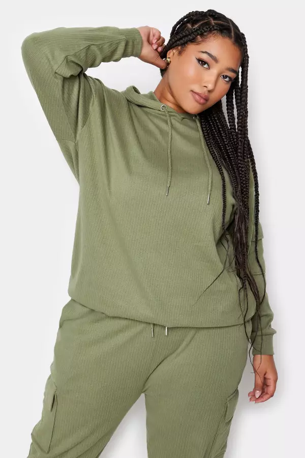 Yours Curve Khaki Green Ribbed Cargo Hoodie, Women's Curve & Plus Size, Yours