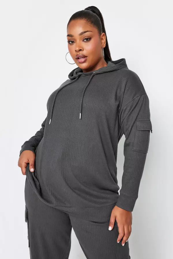 Yours Curve Charcoal Grey Ribbed Cargo Hoodie, Women's Curve & Plus Size, Yours