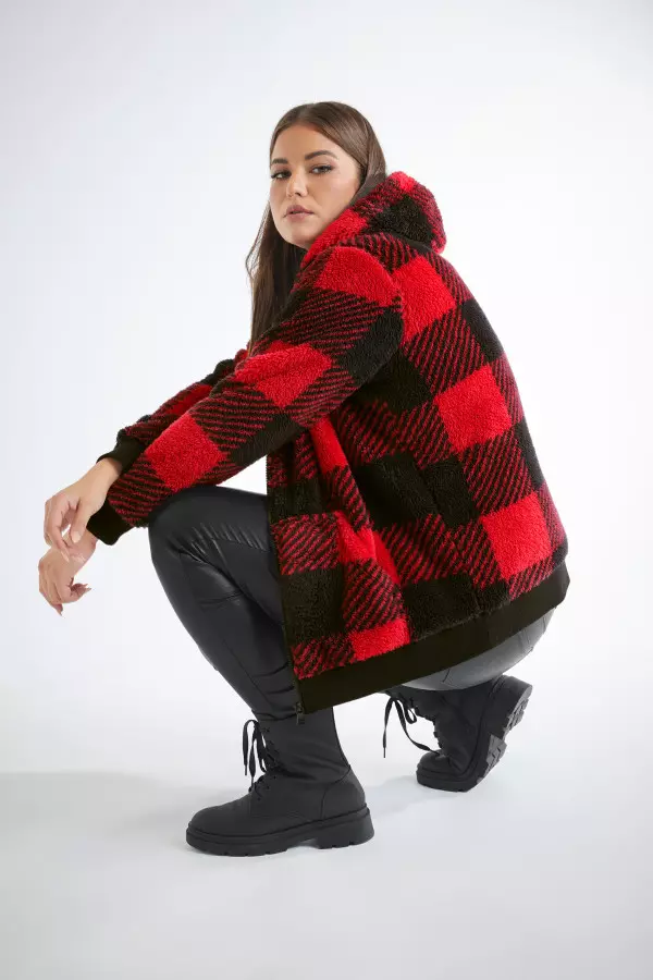 Yours Curve Red Check Zip Through Fleece Hoodie, Women's Curve & Plus Size, Yours