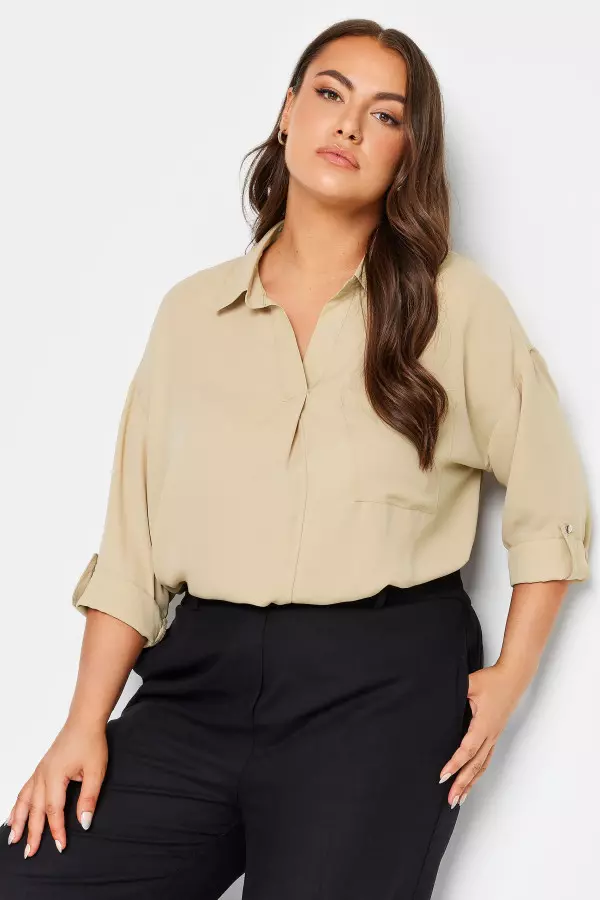 Yours Curve Beige Brown Half Placket Collared Blouse, Women's Curve & Plus Size, Yours