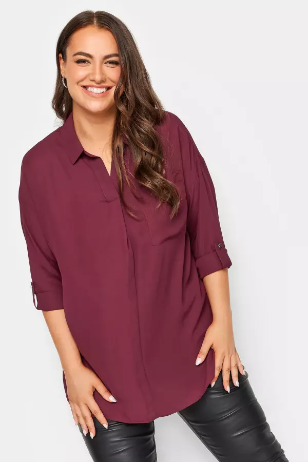 Yours Curve Wine Red Half Placket Collared Blouse, Women's Curve & Plus Size, Yours