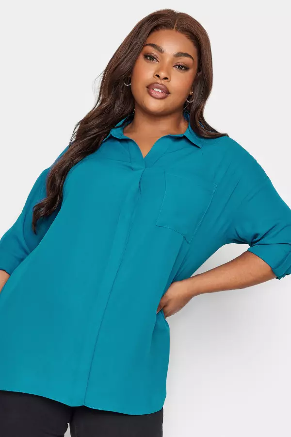Yours Curve Teal Blue Half Placket Collared Blouse, Women's Curve & Plus Size, Yours