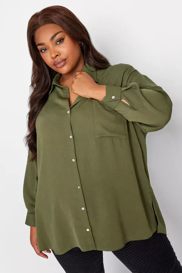 Yours Curve Khaki Green Cuffed Sleeve Shirt, Women's Curve & Plus Size, Yours