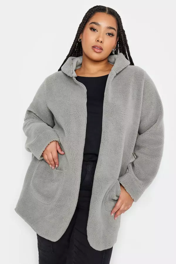 Yours Curve Grey Teddy Hooded Jacket, Women's Curve & Plus Size, Yours