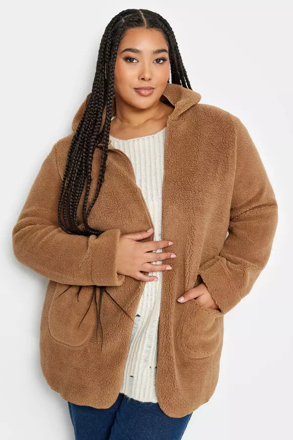 Yours Curve Brown Teddy Hooded Jacket, Women's Curve & Plus Size, Yours
