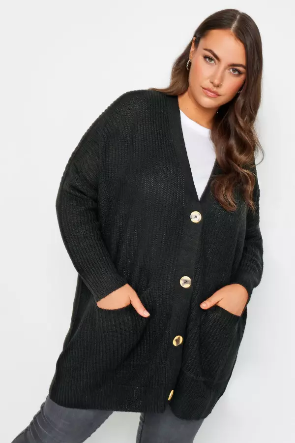 Curve Black Button Knitted Cardigan, Women's Curve & Plus Size, Yours