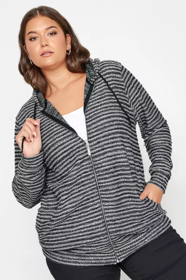Yours Curve Black & White Textured Knit Zip Up Hoodie, Women's Curve & Plus Size, Yours