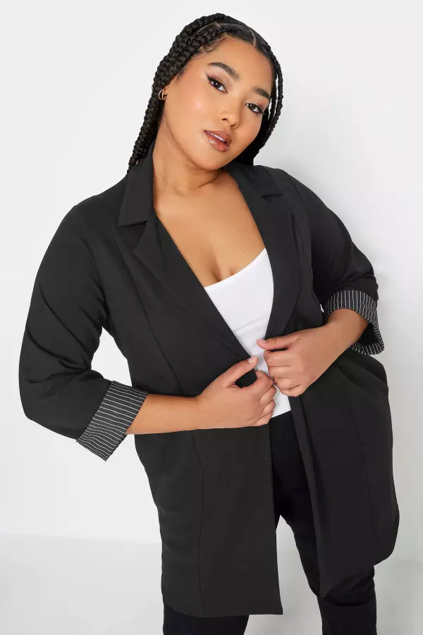 Yours Curve Black Pinstripe Turn Up Sleeve Blazer, Women's Curve & Plus Size, Yours