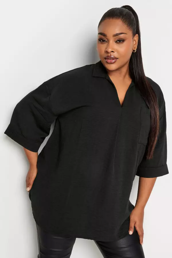 Yours Curve Black Vneck Collared Blouse, Women's Curve & Plus Size, Yours