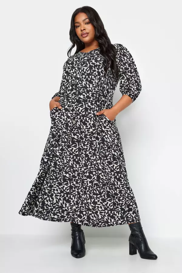 Yours Curve Black & White Floral Print Swing Maxi Dress, Women's Curve & Plus Size, Yours