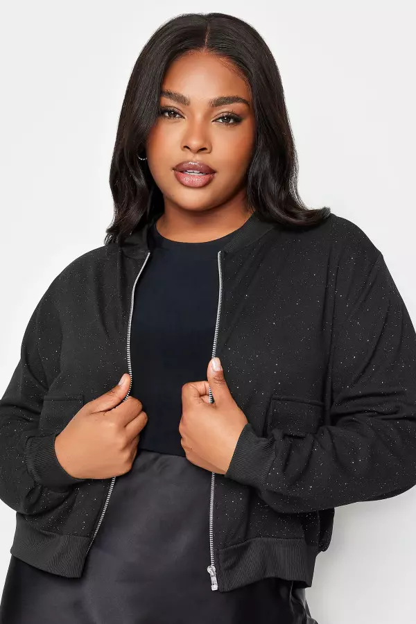 Yours Curve Black Glitter Formal Bomber Jacket, Women's Curve & Plus Size, Yours