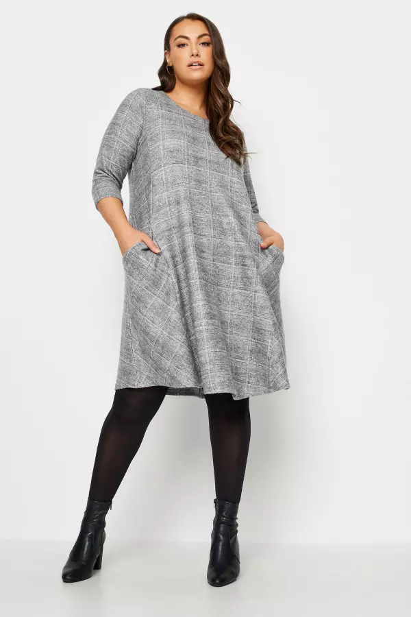 Yours Curve Grey Check Print Soft Touch Mini Dress, Women's Curve & Plus Size, Yours