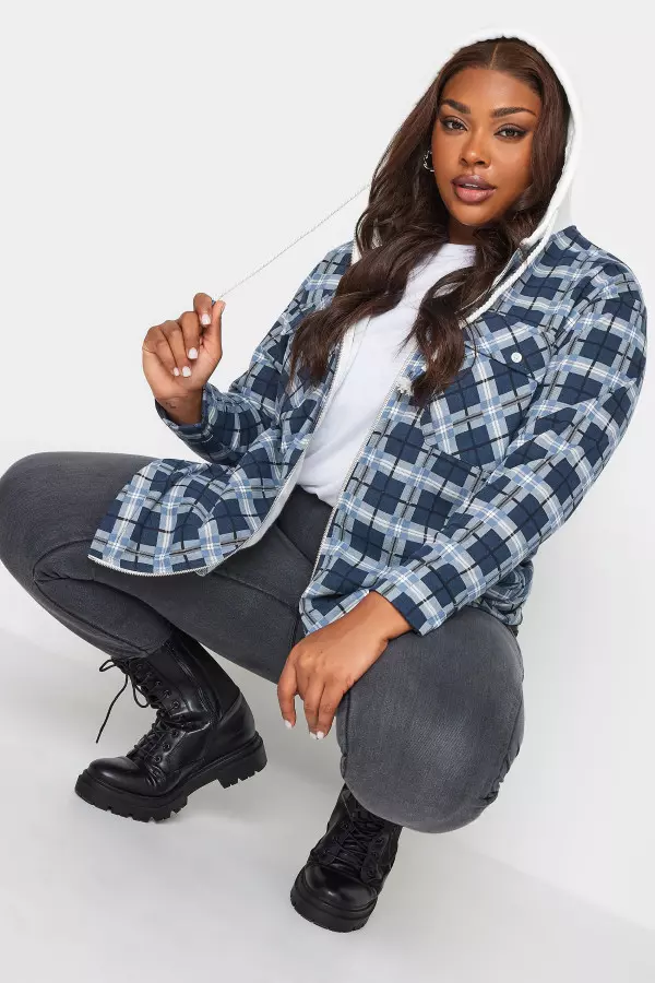 Yours Curve Blue Check Zip Through Hooded Shacket, Women's Curve & Plus Size, Yours