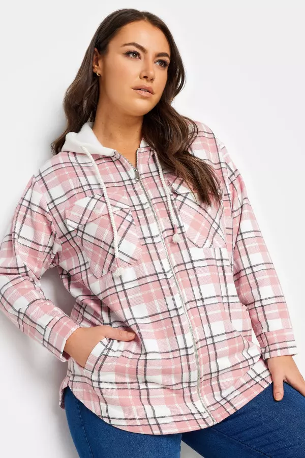 Yours Luxury Curve Pink Check Print Hooded Shacket, Women's Curve & Plus Size, Yours