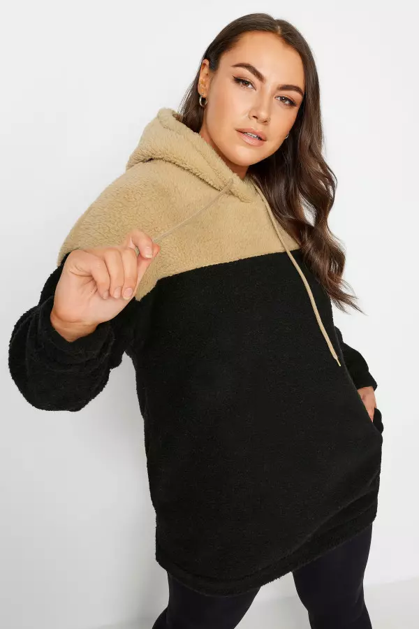 Yours Curve Black & Brown Colour Block Teddy Hoodie