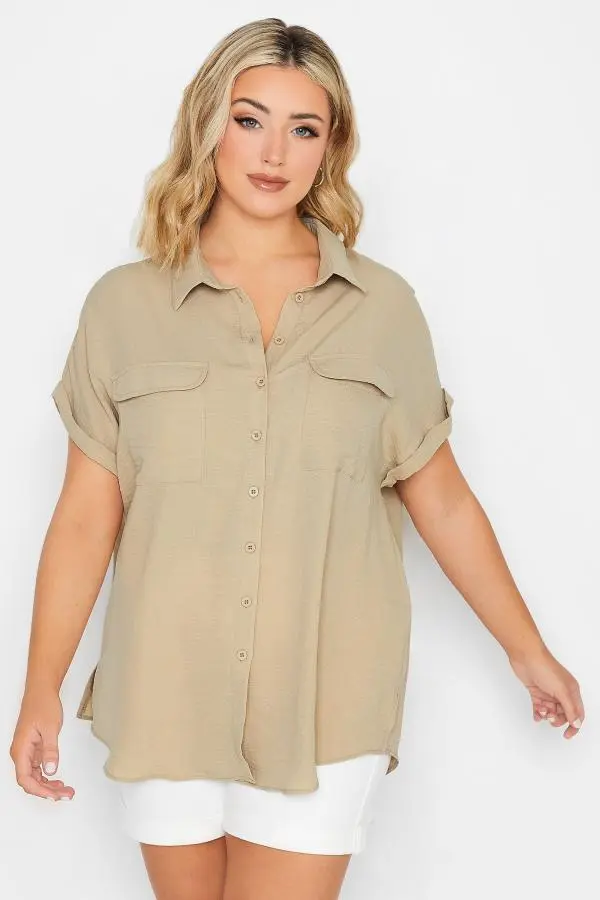 Yours Curve Beige Brown Utility Short Sleeve Shirt, Women's Curve & Plus Size, Yours